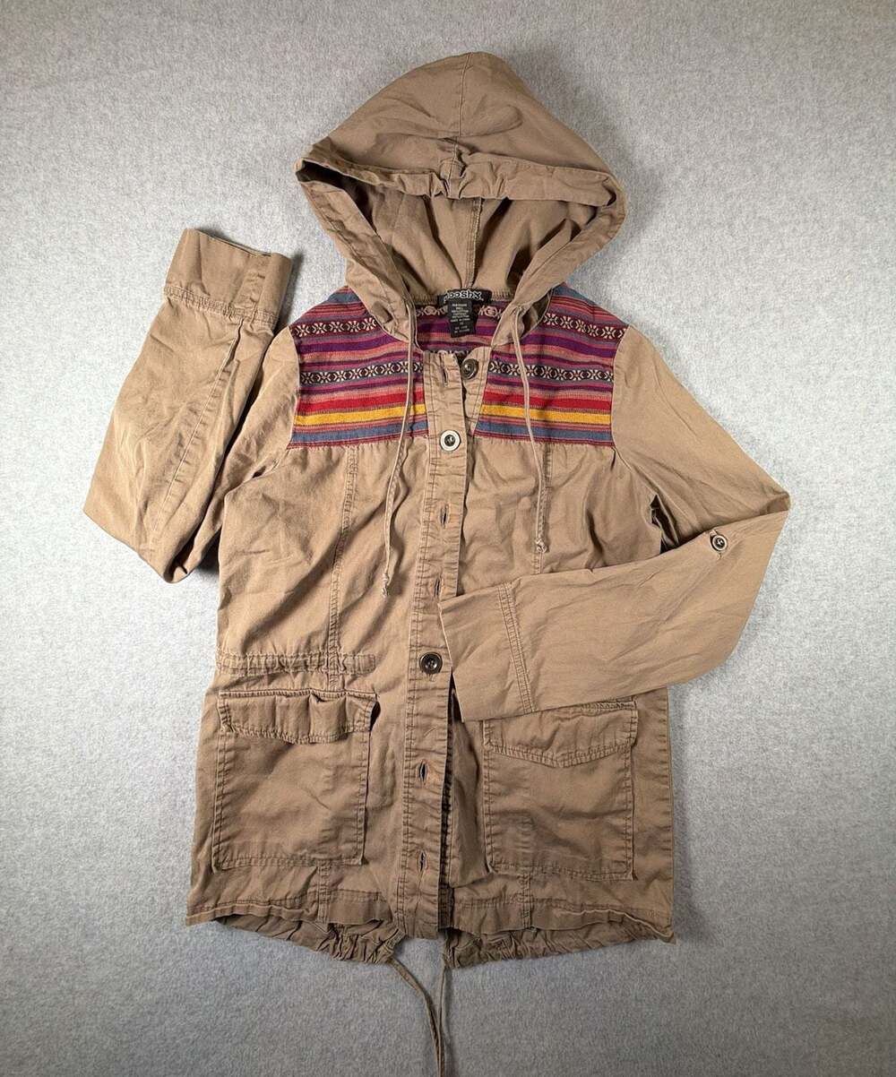 Stoosh Women's Khaki Utility Hooded Jacket with Southwestern Print Detail
